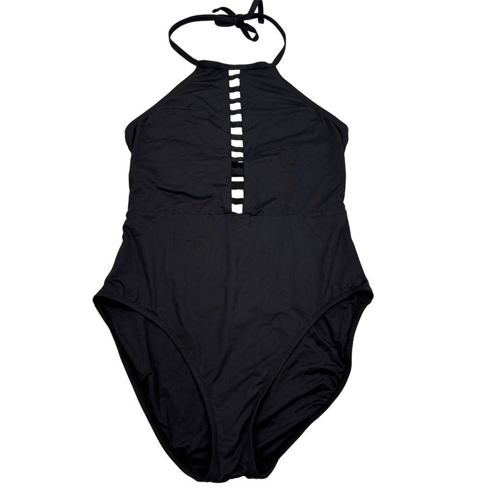 La Blanca Swimsuit Womens One Piece Sz XL Black Cut‎ Out Halter Flattering Beach